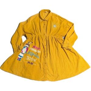 ELFSACK Corduroy Shirt Dress Womens S Mustard Embroidered Cartoon Tunic